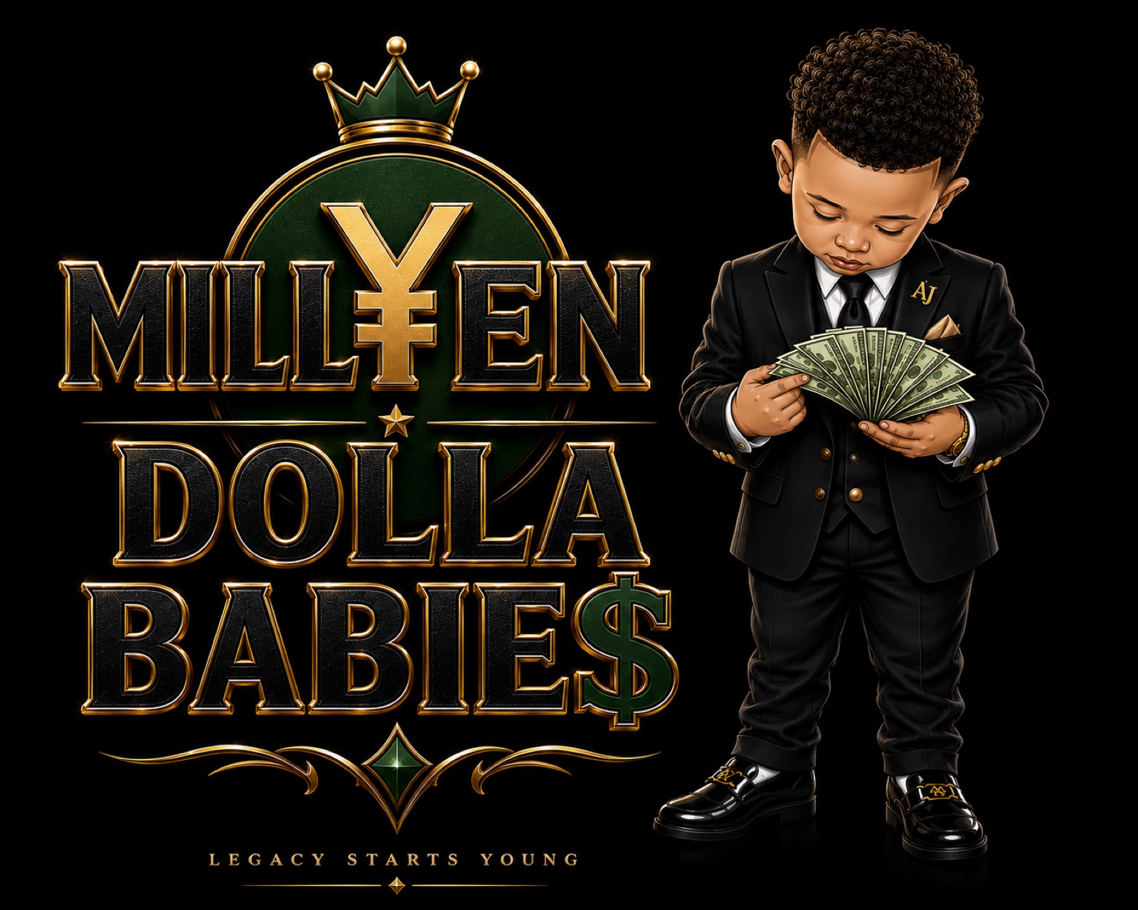 Mill¥en Dolla Babie$ flagship identity featuring a young mogul in a black suit
